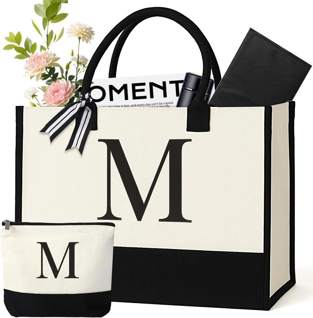 Personalized Canvas Tote Bag for Women Makeup Pouch Initial Beach Bag Removable Bottom Board for Travel Birthday