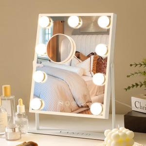 VANITII Vanity Mirror with Lights Hollywood Lighted Makeup Mirror with 9 Dimmable Bulbs Smart Touch Control 3 Colors Light for Bedroom, Detachable 10X Magnification, 360Rotation