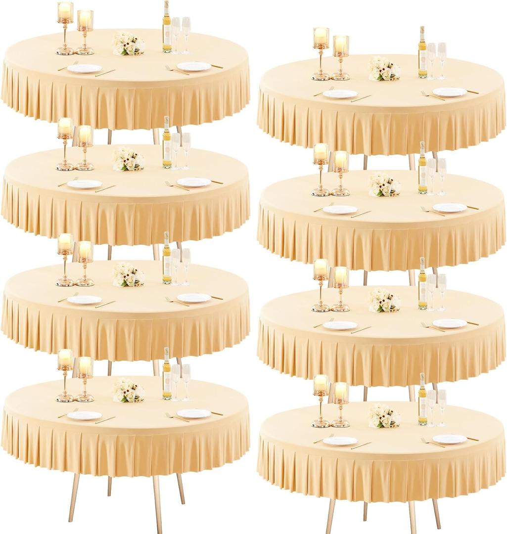 8 Pack Champagne Spandex Tablecloths for 60 Inch Round Table, Stretchy Fitted 5FT Cloths With Skirt for Wedding, Banquet, Birthday Party, Buffet, Restaurant (Champagne)
