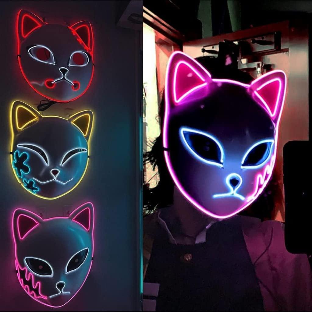 CAFELE 3Pcs Demon Led Slayers Fox Mask Halloween Mask Japanese Anime Cosplay Glowing Masks for Masquerade Festival Party