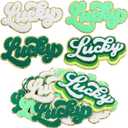 Chuangdi 12 Pcs Lucky Chenille St. Patrick's Day Iron on Patches Bulk 7.8 Inch Green White Self Adhesive Sew on Chenille Letter Irish Festival Embroidered Applique Patches for Clothing DIY Crafts
