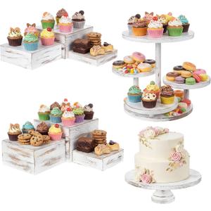 Lallisa 4 Tier Round Cupcake Tower Stand Set of 8 Wood Cake Stand with Tiered Tray Decoration Wooden Display Risers Rustic Buffet Serving Stands for Farmhouse Decorations Wedding Tea Party (White)
