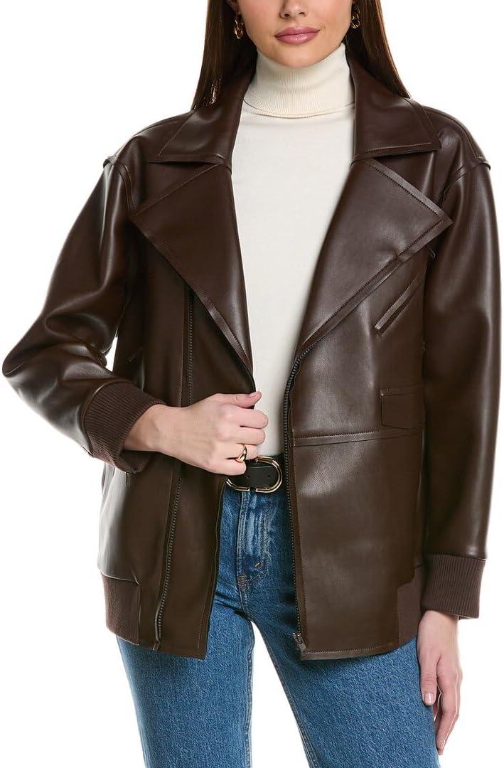 womens Vegan Leather Oversized Raw Edge Moto (Brown), Size XS
