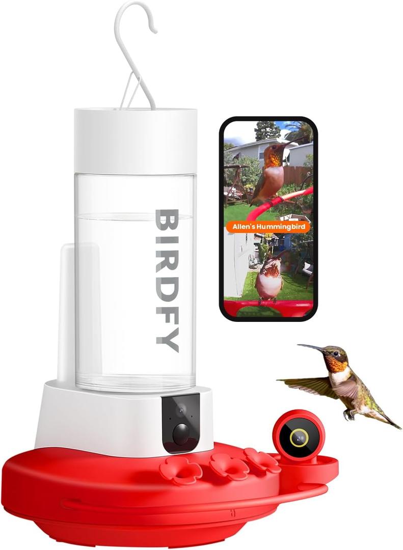 Birdfy Hummingbird Feeder with Dual Cameras AI Identify - 2K HD Smart Cameras, Close-Up Bird Video/Live Watching & Instant Notifications, Ant Moat & Leakproof - 20oz (Lifetime AI)