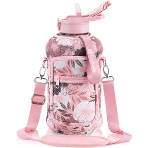 Fimibuke Half Gallon Water Bottle with Sleeve 64 OZ Water Bottle with Handle & Straw Leakproof Motivational Sports Gym Water Bottle with Time Marker BPA Free Water Jug with Reusable Neoprene Holder (A4.Floral Pink)