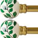 Ceramic Curtain Rods Gold Set of 2 for Windows 28 to 48 Inches Adjustable Length Duty 1" Diameter Window Curtain Rod with Modern Green Leaf Pattern Decorative Finials for Bedroom Living Room Kitchen