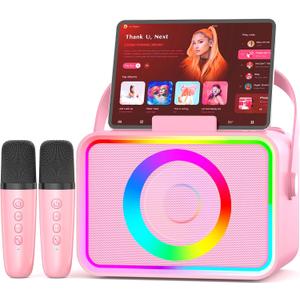 Karaoke Machine,Portable Bluetooth Speaker with 2 Wireless Microphone for Adults & Kids with LED Lights, Karaoke Microphone with PA System Supports USB/TF/AUX,Gift for Party (Pink)