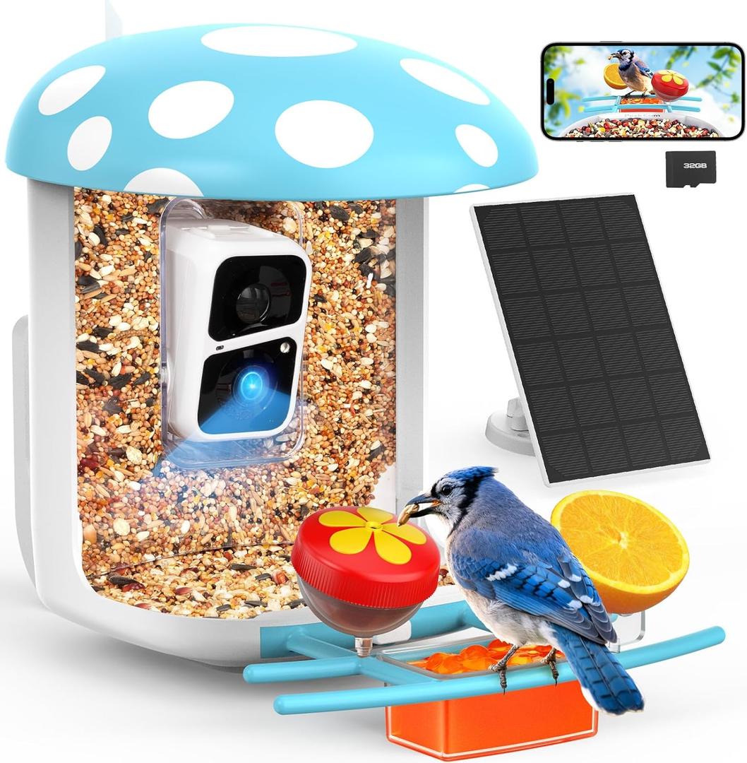 Smart Bird Feeder with Camera 2K Live Real-Time Alert AI Identify with 32G Card DIY Attachments Camera Bird Feeder Solar Powered Wireless Outdoor Birdwatching Gift for Birds Lover, Blue
