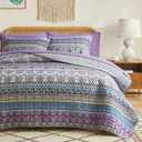 3 Pieces Colorful Boho Quilt Set Full Queen Size, Purple n Grey Bohemian Striped Printed Bedding Bedspread Coverlet Set for Summer, Soft Lightweight Microfiber Quilt with 2 Shams (88x88 inches)
