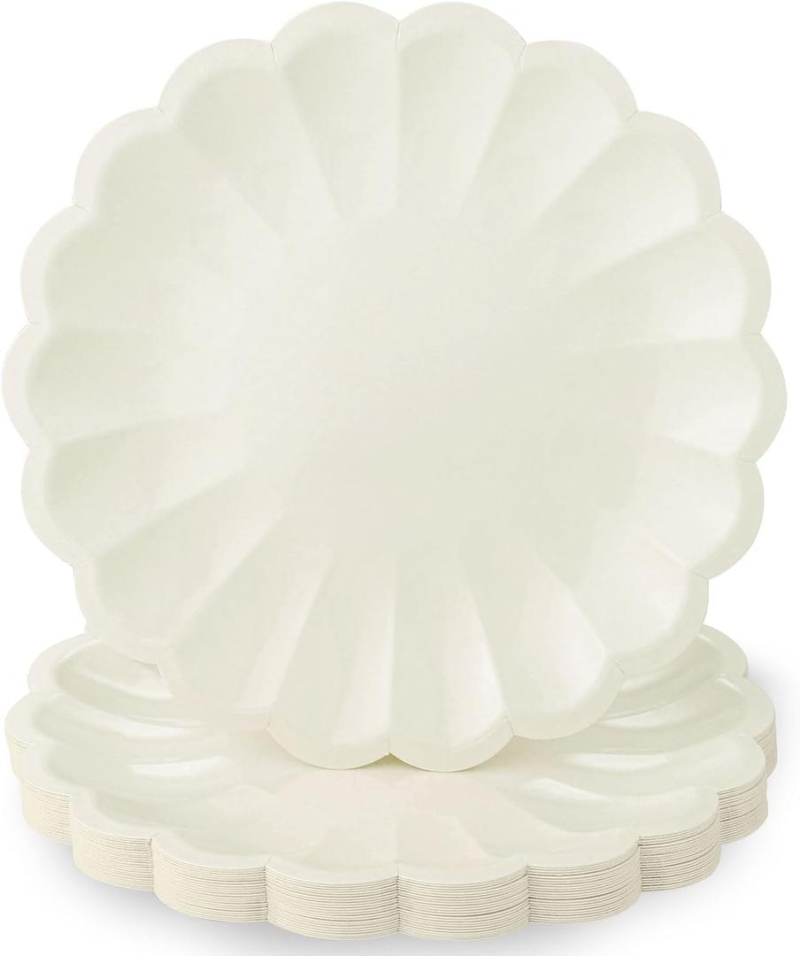 NatNarr 30 Pcs Ivory Paper Plates 9.5 In Scalloped Party Plates Disposable Heavy Duty Dinner Plates with Shell Edge Cream Plate for Wedding Baby Shower Birthday Party