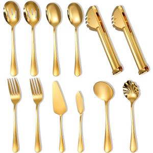 12PCS Gold Serving Spoons Utensils, Stainless Steel Flatware Cutlery with Serving Slotted Spoon Forks Soup Ladle Tongs Pie Server Butter Knife for Home Restaurant Buffet Catering Banquet Party