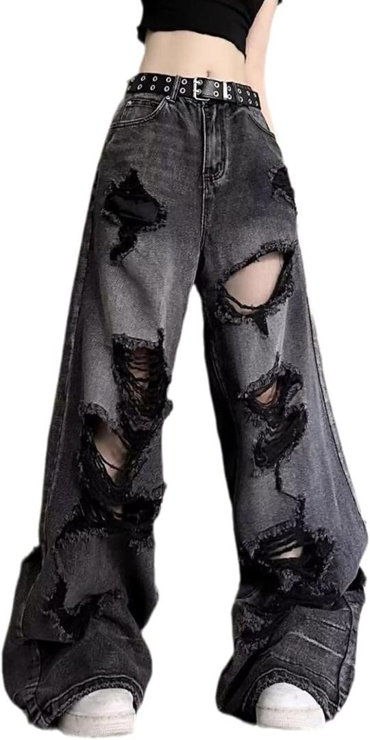 Baggy Jeans for Women Men Ripped Straight Leg Pants High Waisted Distressed Jeans Y2K Grunge Summer Clothes. (Small, Black3)