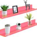 ROYALITA 24 Inches Acrylic Floating Book Shelves Wall Mounted Set of 2, Wall Hanging Plant Display Shelves, Room Decor Floating Wall Shelves for Gaming Room, Bedroom, Living Room, Office, Pink