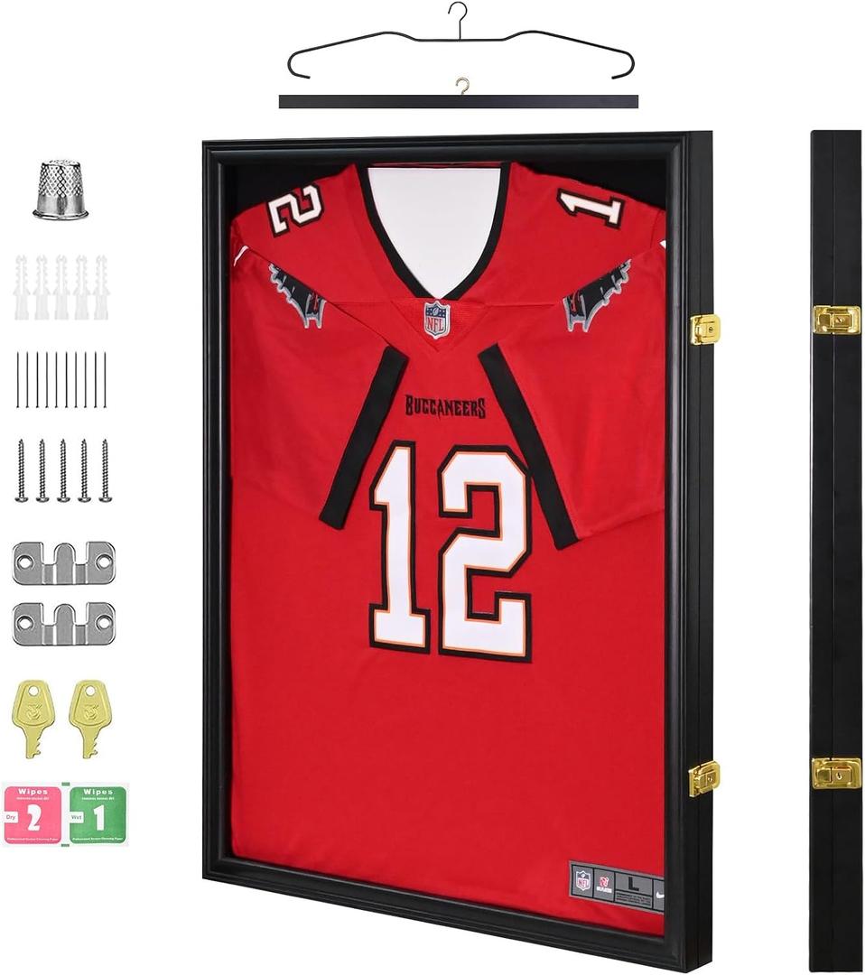 Egofine Jersey Frame Display Case 32''x24'' Wood Large Frame, Jersey Shadow Box Covered by Acrylic with Hangers Wall Mounting Jersey Frame for Basketball, Baseball, Football, Hockey Sport Shirt, Black