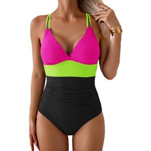 Aidonger Women's One Piece Color Block Swimsuit Tummy Control Slimming Bathing Suit V Neck Cutout High Waisted Swimwear (X-Large, Hot Pink and Black)