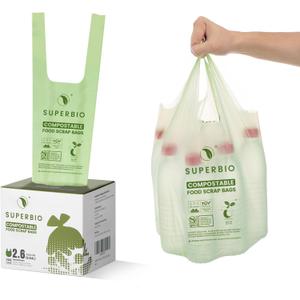 SUPERBIO 2.6 Gallon Compostable Bags with Handles, 100 Count,1 Pack, Food Scrap Bags Certified by BPI and OK compost INDUSTRIAL, 9.84L