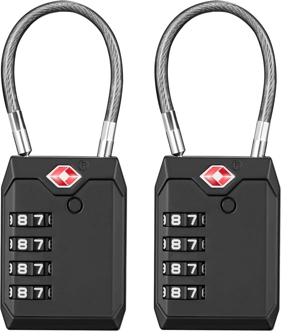 Puroma TSA Locks for Luggage, 2 Pack Luggage Locks TSA Approved 4-Digit Combination Cable Travel Lock Zinc Alloy for Suitcases, Bags, Toolboxes, Backpacks & Gym Lockers (Black)