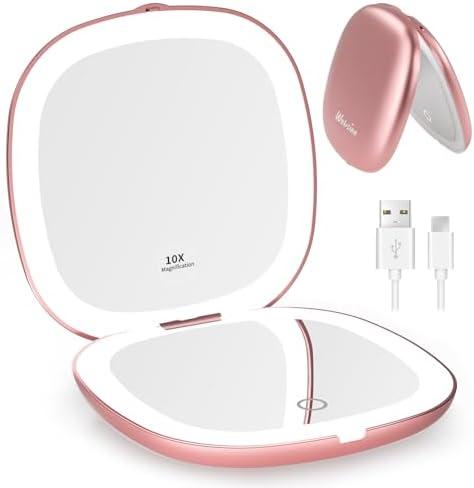 WOBSION Rechargeable Lighted Travel Makeup Mirror,1x/10x Compact Magnifying Mirror with Lights,Portable for Bag,4inch,Gift,Rose Gold