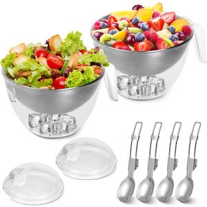 2 Pack Ice Chilled Dip Bowl, 50oz Ice Salad Bowl with Lid for Parties, Iced Serving Bowl with Handle, Cold Serving Dish for Hummus, Salsa, Guacamole, Sauces, Pasta, Fruit