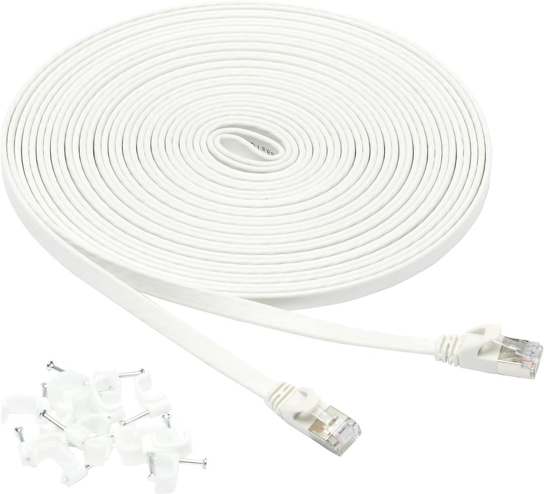 Amazon Basics RJ45 Cat 7 Ethernet Patch Cable, Flat, 600MHz, Snagless, Includes 15 Nails, 30 Foot, White