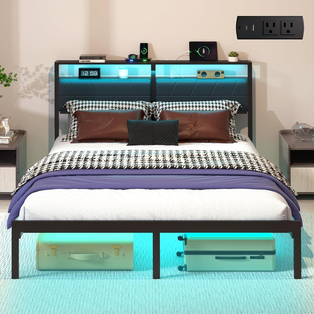 Queen Bed Frame with LED Lights & Charging Station, Metal Platform Bed Frame with 2 Tier Storage Headboard, Under Bed Storage, No Box Spring Needed, Noise Free, Easy Assembly