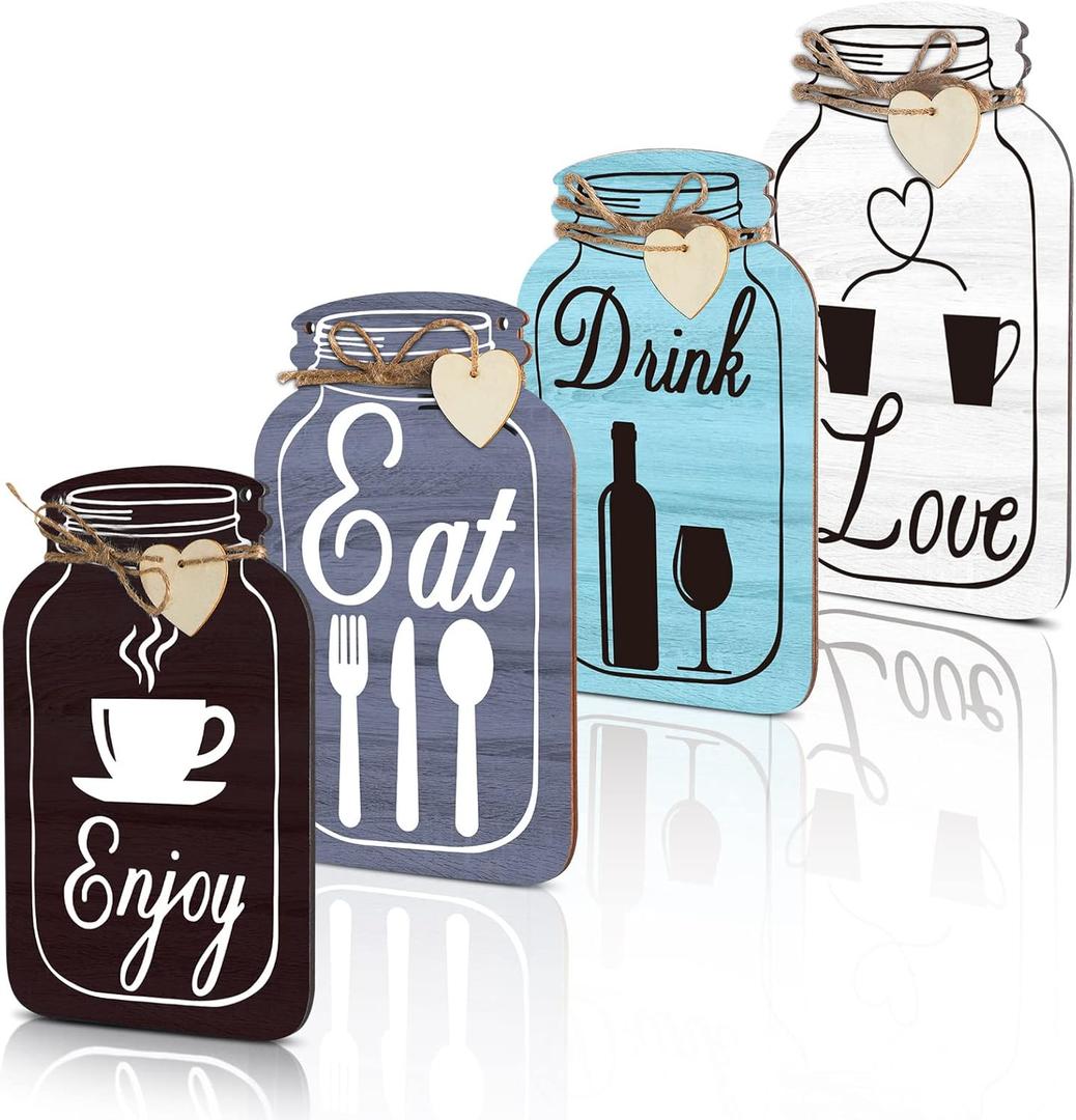 Yalikop 4 Pcs Wooden Kitchen Wall Decor Mason Jar Shaped Eat Drink Enjoy Love Hanging Sign Rustic Home Decor for Farmhouse Dining Room, 8 x 5 Inch(Retro Style,Gray, White, Blue, Dark Brown)