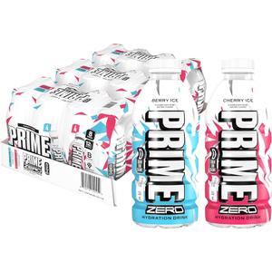 PRIME ZERO BERRY ICE & CHERRY ICE Sugar Free Sports Drinks, Electrolyte Enhanced to Replenish Fluids, B Vitamins, Antioxidants, Low Calorie, Made with Natural Flavors, 12 Fl Oz 24 Pack, BEST BY DATE 5/2027