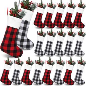 Seematn 20 Pcs Christmas Buffalo Plaid Stockings 18 Inch Xmas Black Red White Plaid Stockings with Plush Cuff Hanging Buffalo Plaid Christmas Stocking for Xmas Home Fireplace Holiday Party Decor