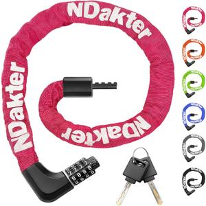 NDakter Upgrade Bike Chain Lock with 4 Digit Combination and 2 Keys, 1.64/2.3/3.2/4.28 Ft Heavy Duty Anti-Theft Bicycle Lock, 2 Ways to Unlock High Security Locks for Ebike, Scooter, Motorcycle, Door
