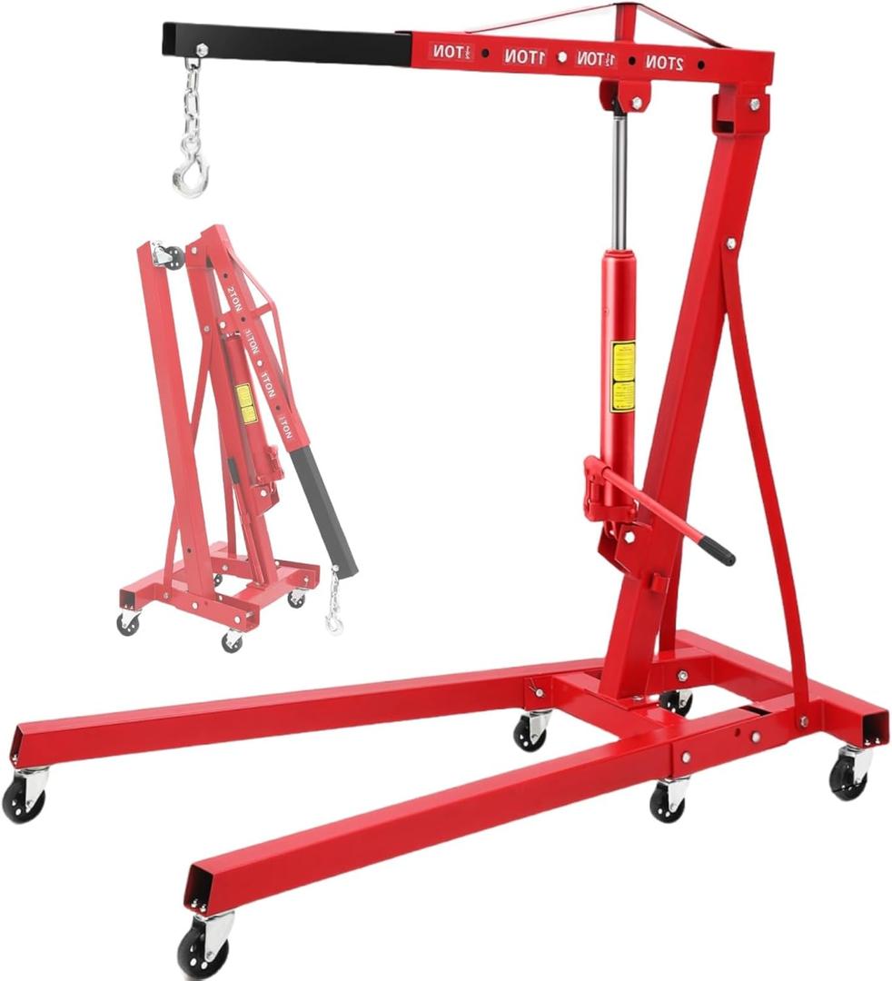 2-Ton Folding Hydraulic Engine Hoist, Portable Engine Shop Crane with 6 Casters & Telescopic Boom, 4400 Lbs Foldable Cherry Picker Hoist Lift for Home Garage Workshop, Warehouse, Red