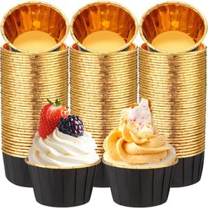 300 Pack Black Gold Cupcake Liners Bulk Disposable Foil Muffin Cups 3.5 oz Wrappers for Baking Aluminum Paper Mini Metallic Disposable Holiday Party Wedding Festival Supply