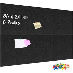 DOLLAR BOSS Felt Cork Board Tiles, 6 Packs 12" x 12" 1/2" Thick Cork Bulletin Board Self Adhesive Acoustic Panels Soundproof Corkboards for Walls with 60 Pushpins for Home Office Kitchen School, Black