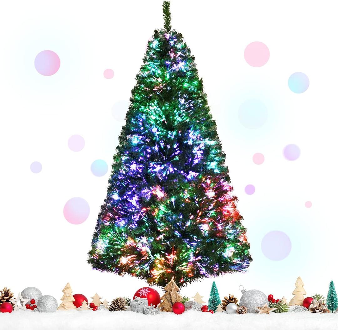 Happygrill 6FT Fiber Optic Christmas Tree, Artificial Spruce Tree Pre-lit Green Xmas Tree with Metal Stand, 617 Branch Tips, Full Tree for Holiday Decoration (Green Classic Leaves)