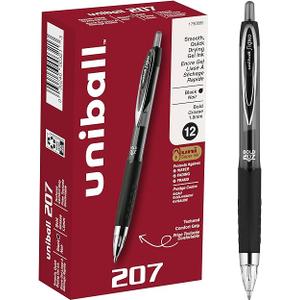 uniball 207 Retractable Gel Pens Medium Point, 0.7mm, Black, 12 Pack