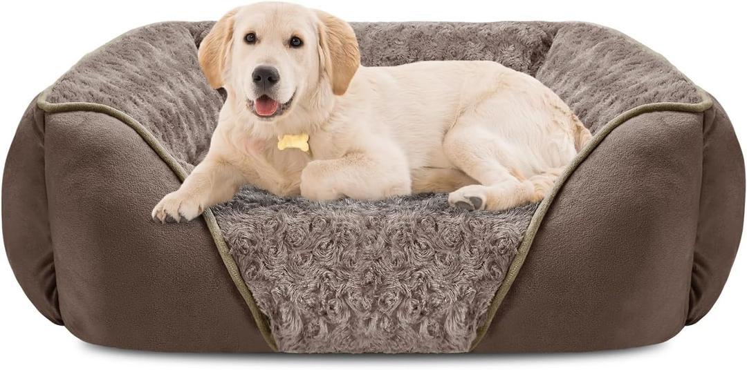 INVENHO Large Dog Bed Rectangle Washable Orthopedic Soft Calming Sleeping Durable Pet Cuddler with Anti-Slip Bottom (L(30"x 24"x 9"), Dark Brown)