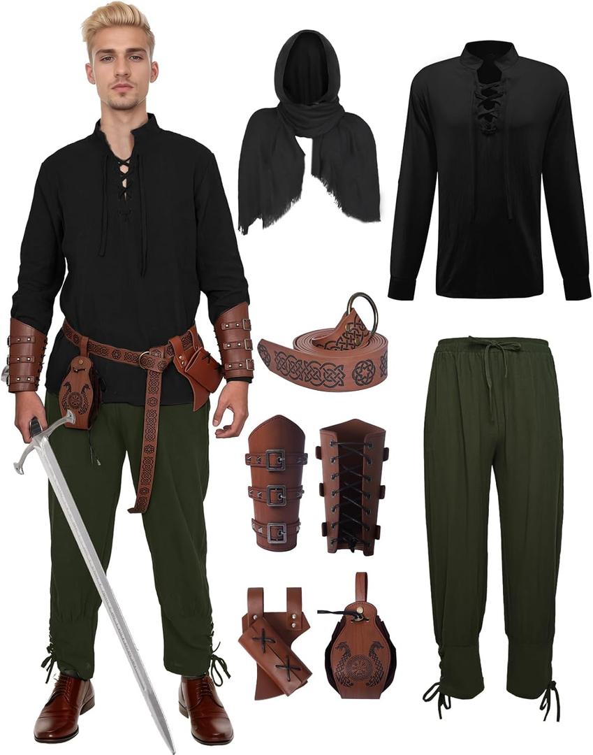 7 Pcs Men's Renaissance Costume Medieval Pirate Shirt Ankle Banded Pants Viking Costume Accessories Set (3X-Large)