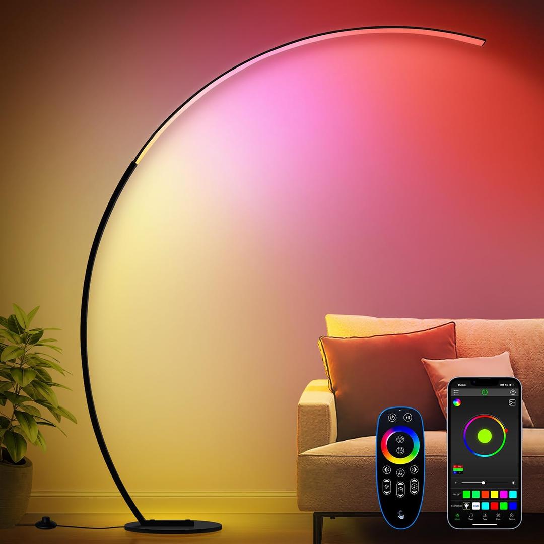 RGB Floor Lamp with 3 Color Temperatures, Ultra Bright 1800LM Smart Arc LED Floor Lamp with Remote Control, Music Sync, Scene Modes, Modern Standing Tall Lamp for Bedroom Living Room Gaming Rooms