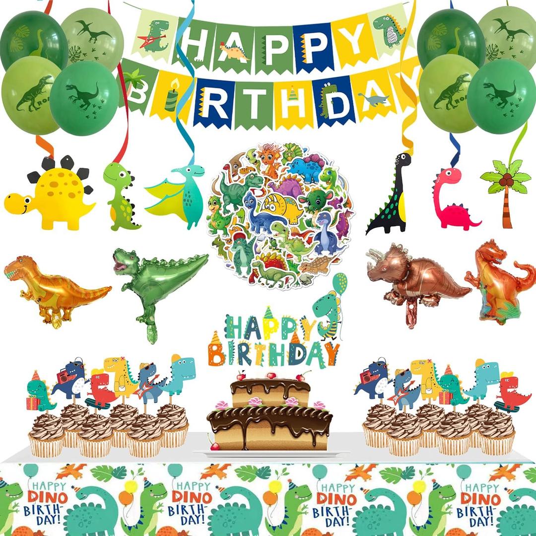 Dinosaur Birthday Decorations, 104 Piece Dinosaur Party Decorations for Boys Dino Birthday Party Supplies Set Include Banner Balloons Cake Toppers Tablecloth Hanging Swirls