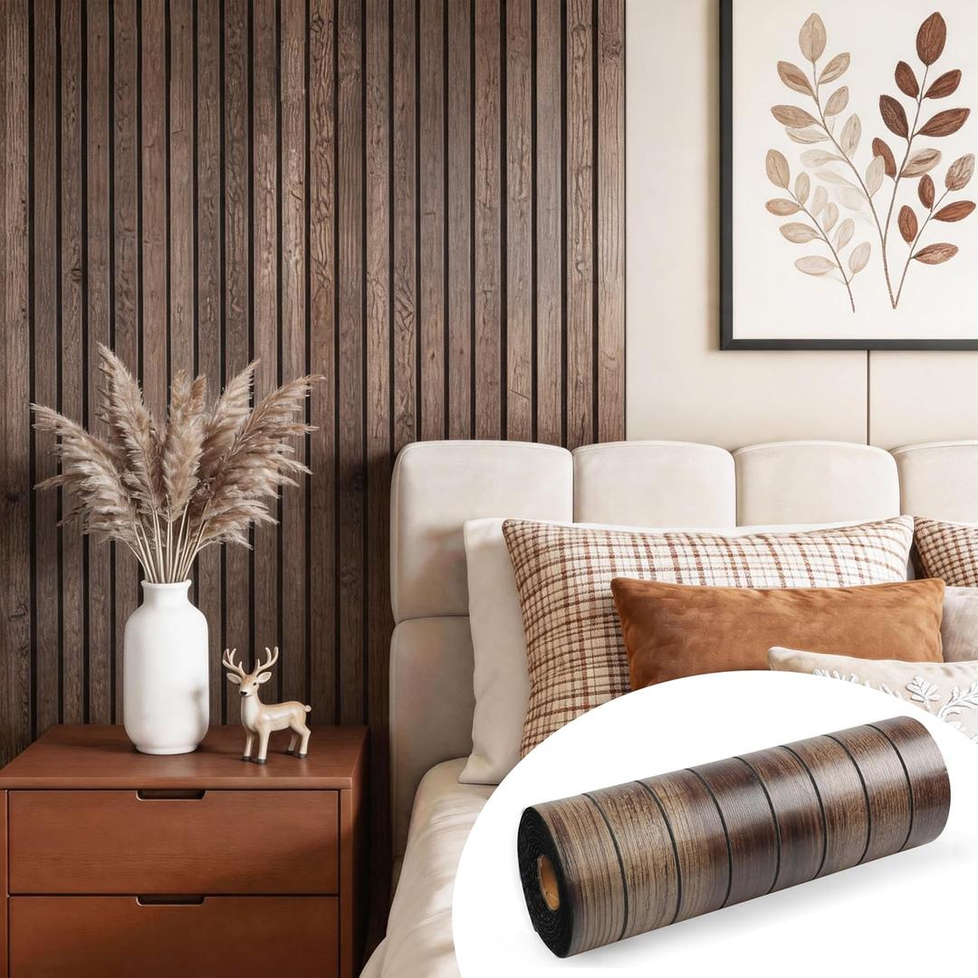 Wood Grain 15.8"W x 118"L Peel and Stick Wall Panels, 3D Soundproof Weatherproof Wall Panels, Thick PVC Self-Adhesive Wood Panels for Cabinets, Bedroom, Living Room, Kitchen Island Renovation (Walnut)
