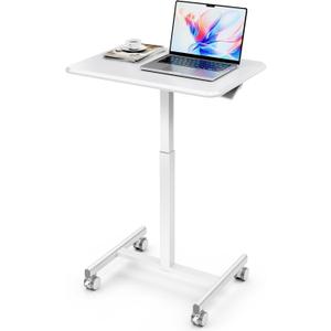 Simple Deluxe Standing Desk with Lockable Wheels, Adjustable Height Mobile Stand Up Desk, Portable Laptop Desk, Small Computer Standing Table, White