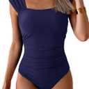 B2prity Womens One Piece Swimsuit Retro Square Neck Tummy Control Bathing Suits Ruched Modest Full Coverage Swimwear (Medium, Dark Blue)