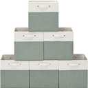 13 x 13 Inch Fine Linen Storage Bins with HandlesFabric Cube BoxsCollapsible Basket Organizers for Shelves for Home, Closet Drawers (White/Green-6 Pack)