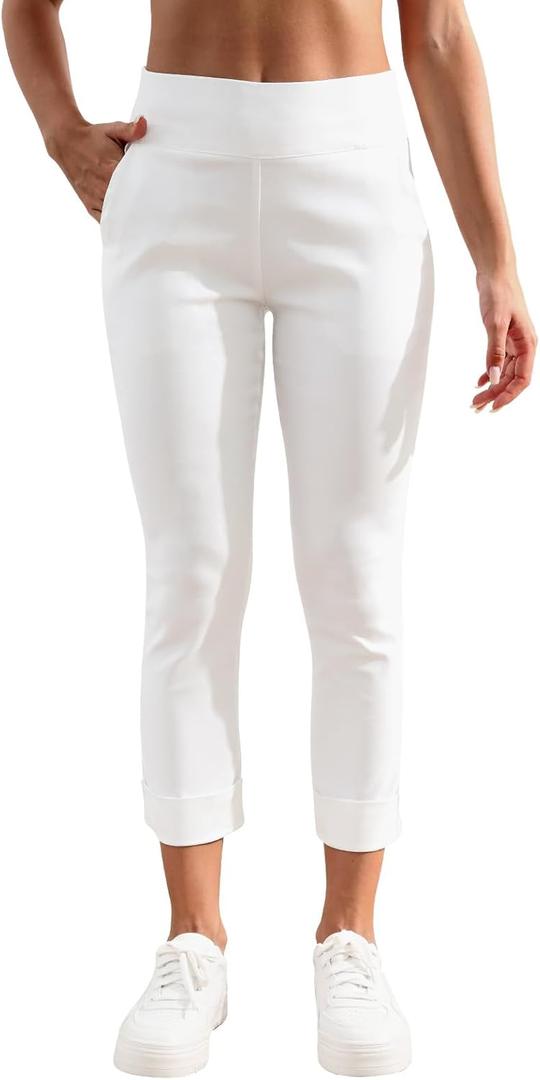 JAMfit Women's Pull-On Capri Pants Stretch High Waist Dressy Casual Cropped Pants with Pockets (White)
