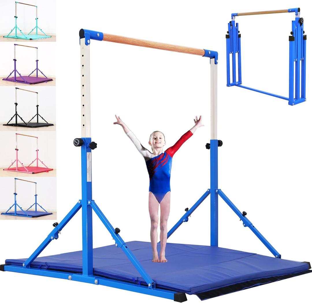 Marfual 5 Ft Fold Gymnastic Bar Kip Bar with 4 Ft Inner Width 5 ft Adjust Height Gymnastic Equipment for Kids and Girl and Teenage Home and Club Use Blue with Mat