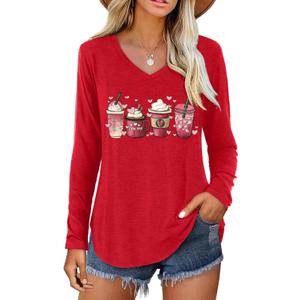 4 x Valentine V Neck Shirt for Women Cute Love Heart Long Sleeve Casual Tee Tops (Red, S)