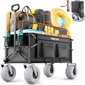 VARRONOBE Beach Wagon with Big Balloon Wheels for Sand, 240L Collapsible Wagon, 9x4 Wide Wheels, 450lbs Heavy Duty Beach Cart with Side Covers & Zipper Pockets, 600D Oxford Fabric, Black