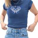 Meladyan Women Cute Letter Print Short Sleeve Crop Tee Shirt Top Crewneck Slim Fit T-Shrits 90s Egirls Streetwear, M