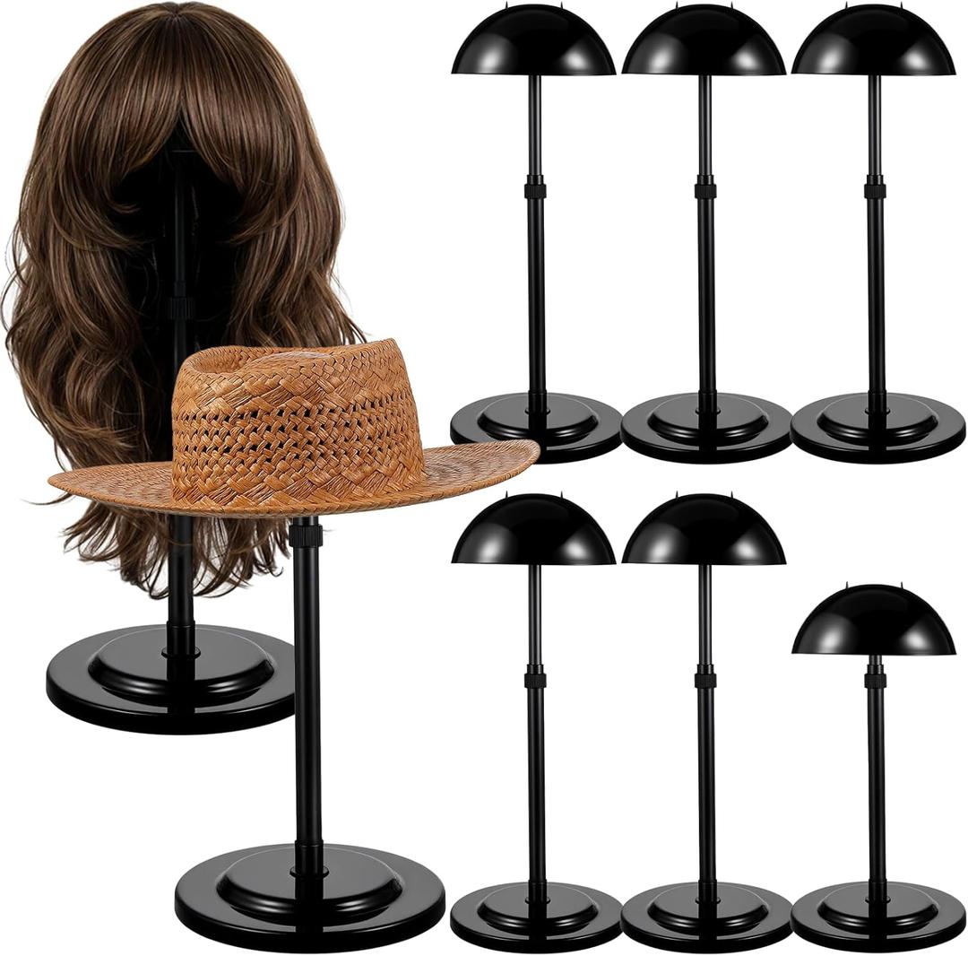 8 Pcs Wig Stand, Portable Hat Display Stand, 9.8"-18.9" Adjustable Height Hat Display, Non-Slip Wig Head Holders, Black Plastic Wigs Stands for Styling Drying DIY Practice, Stable