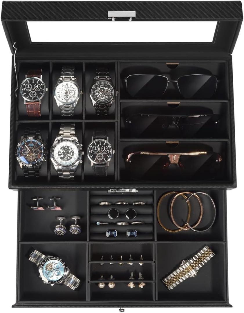 Jewelry Box for Men, 6 Slot Watch Box Jewelry Organizer With Drawer, Watch Case for Men with Large Window, 2-Layer Watch Holder, Sunglasses Storage Organizer, Velvet Lining, Fathers Day Gift
