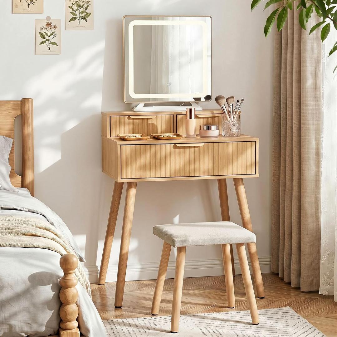 Small Vanity Desk with Lights Mirror, Compact Makeup Vanity Table with Stool, Fluted Wood Vanity with Power Outlet, 3 Color Adjustable LED, Large Drawers, Modern Dressing Table for Bedroom